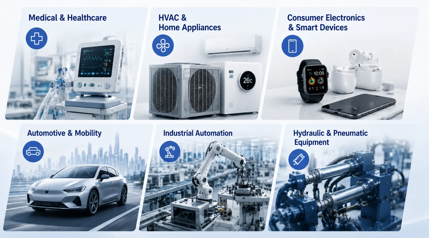 Medical, HVAC, consumer electronics, automotive, industrial automation, hydraulic and pneumatic pressure sensor applications